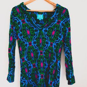 Escapada Vintage bohemian long sleeves V neck Tunic top short dress green blue